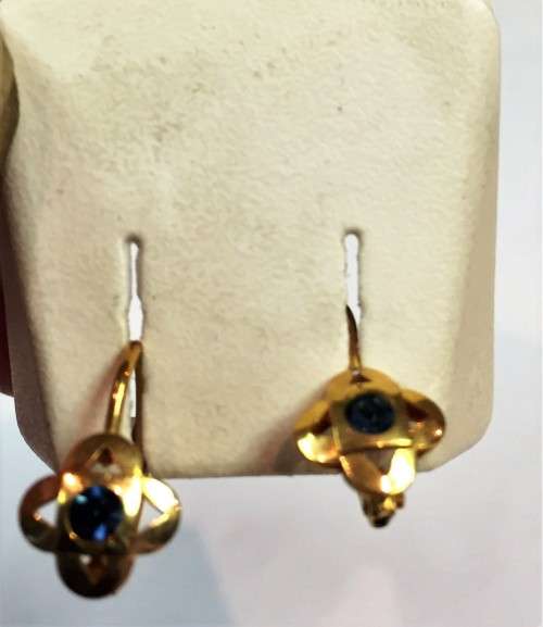 9K solid 9carat Gold, Sheperd hook Earrings with a blue stone-- special reduced