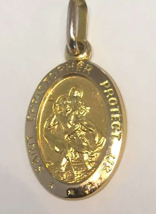 9K / Genuine 9 carat solid Gold - Oval Saint Christopher --- 15 mm long