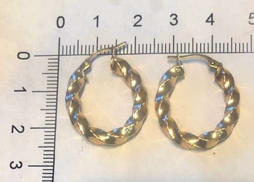 9K  9 carat  solid Gold  , beautiful twisted hoop earrings, 20 mm wide  x 25 mm long