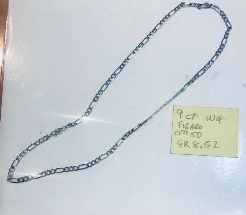 9K- Genuine 9 carat solid, white Gold Necklace , 3 and one Figaro link -cm 50 long -