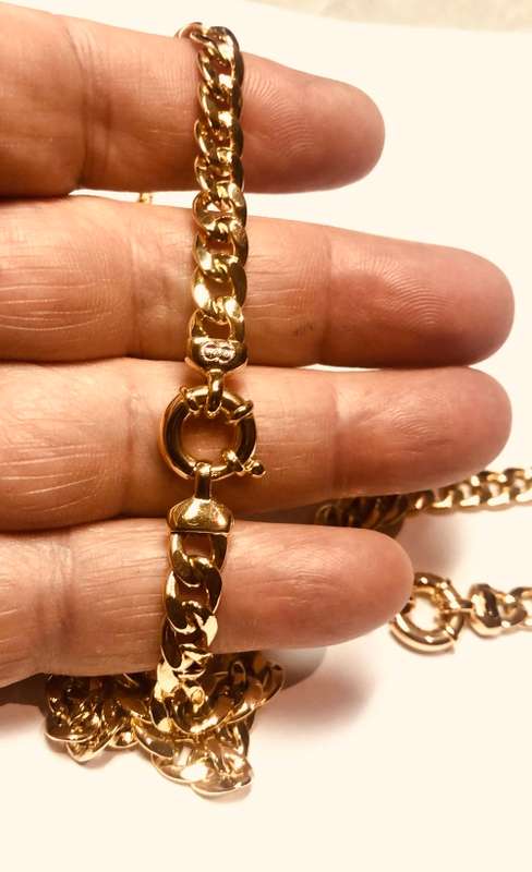 18K -solid 18 carat Yellow gold- Imported Curb link 7 mm wide--set of a bracelet and cm 45 necklace