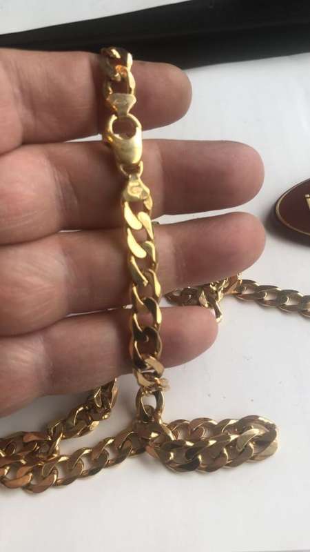 9k genuine,solid 9 carat Yellow Gold, Gents necklace cm50- bracelet cm 21.5 -- mm 7.5 wide