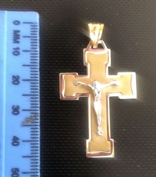 9k solid  genuine 9 carat Gold -Imported Large two tone Crucifix ----  45 mm long x 25 mm wide
