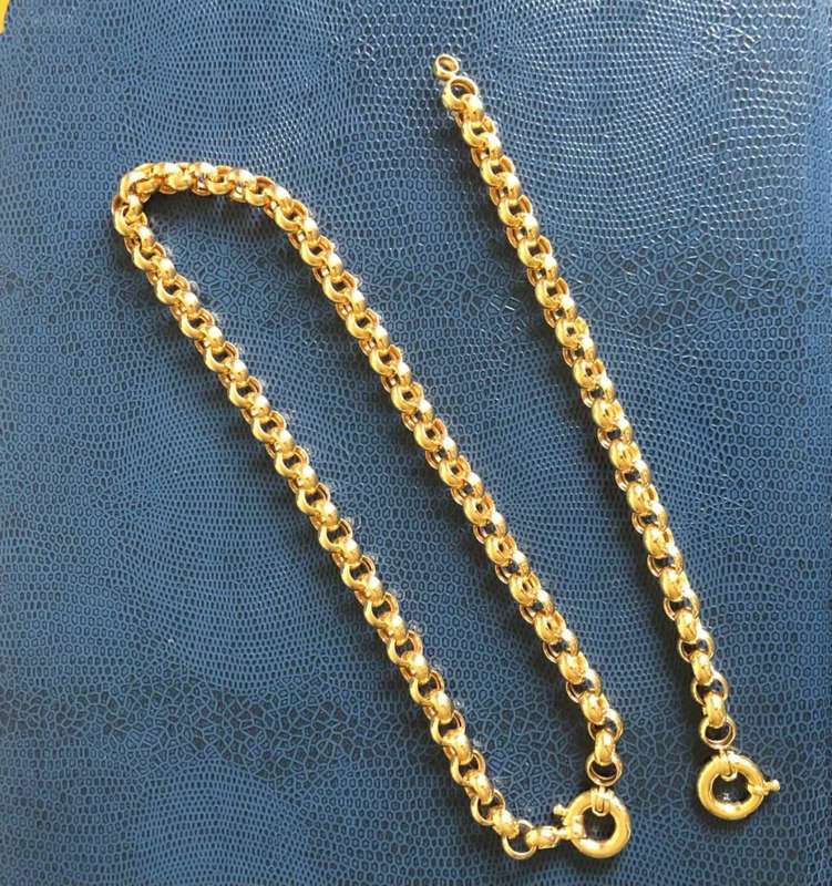 9k genuine,solid 9 carat Yellow Gold,Rolo` belcher 9.5 mm- set Necklace cm45 & Bracelet cm20 long