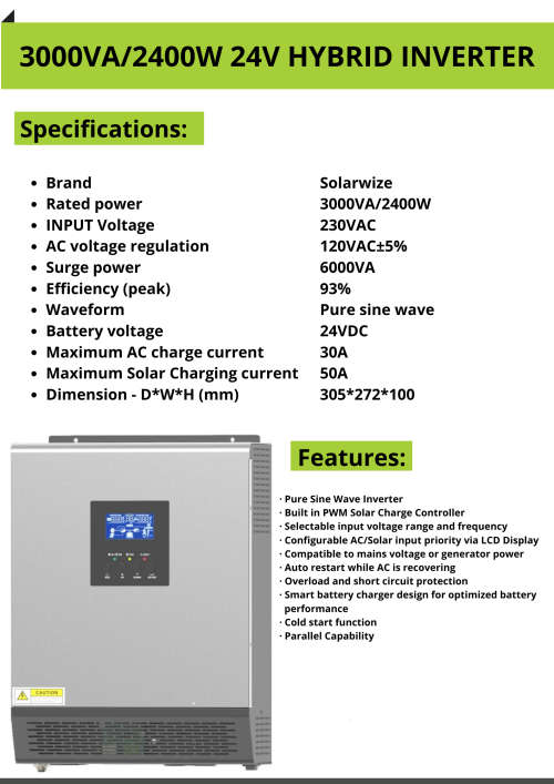 3KVA/2400W 24V Hybrid Solar Inverter 50A Charger