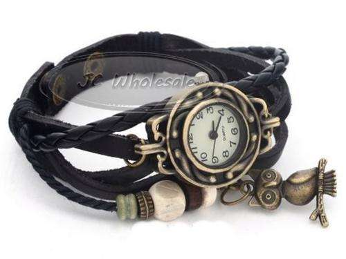 Woman Multi-color Leather Weave Wrap Wrist OWL Watch Charm Bracelet