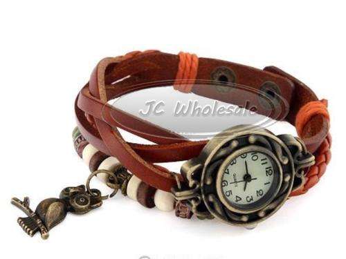 Woman Multi-color Leather Weave Wrap Wrist OWL Watch Charm Bracelet