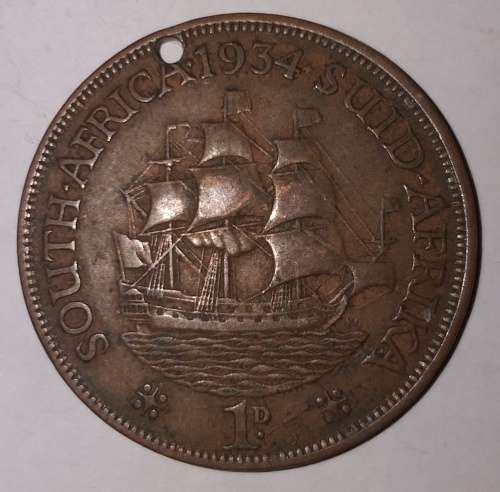 1934 - 1 PENNY - Union of South Africa - HOLED