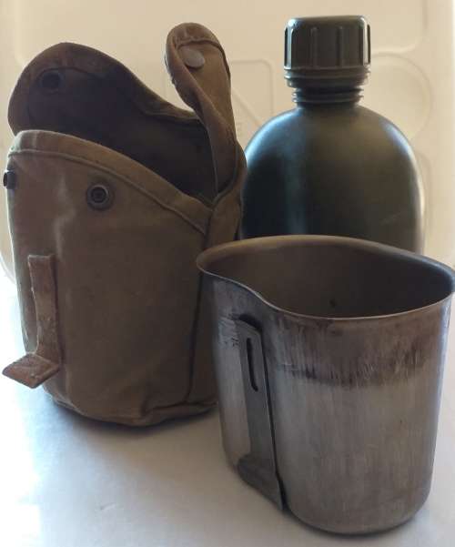 EX SADF ARMY - 1 LT WATER BOTTLE,  POUCH & FIRE BUCKET SET