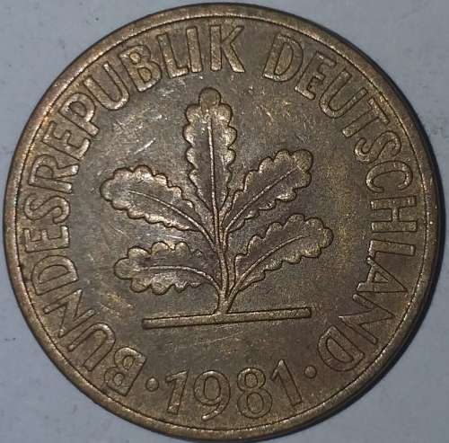 1981 J - 10 PFENNIG - TEN PFENNIG - GERMANY - FEDERAL REPUBLIC - (Brass Clad Steel) KM# 108