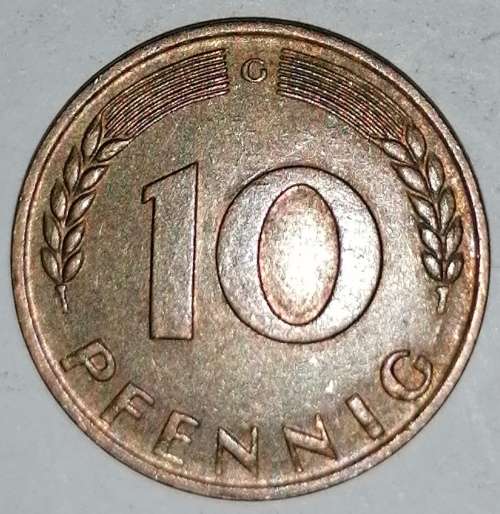 1950 G - 10 PFENNIG - TEN PFENNIG - GERMANY - FEDERAL REPUBLIC - (Brass Clad Steel) KM# 108