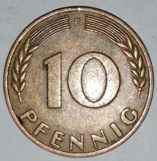 1971 F - 10 PFENNIG - TEN PFENNIG - GERMANY - FEDERAL REPUBLIC - (Brass Clad Steel) KM# 108