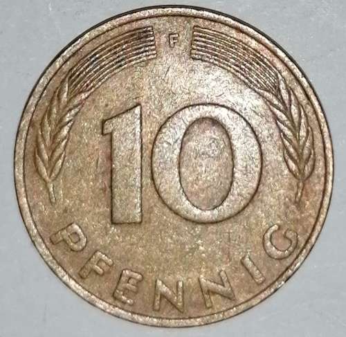 1976 F - 10 PFENNIG - TEN PFENNIG - GERMANY - FEDERAL REPUBLIC - (Brass Clad Steel) KM# 108