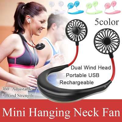 Wish Hands-free Neck Band Hanging USB Rechargeable Dual Fan Mini Air Cooler Summer Portable Neck Fa