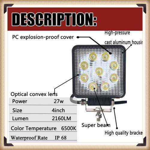 27W Off Road Car LED Work Light Headlight Square Worklight Lamp Auto 4WD Offroad Led Flood Light .