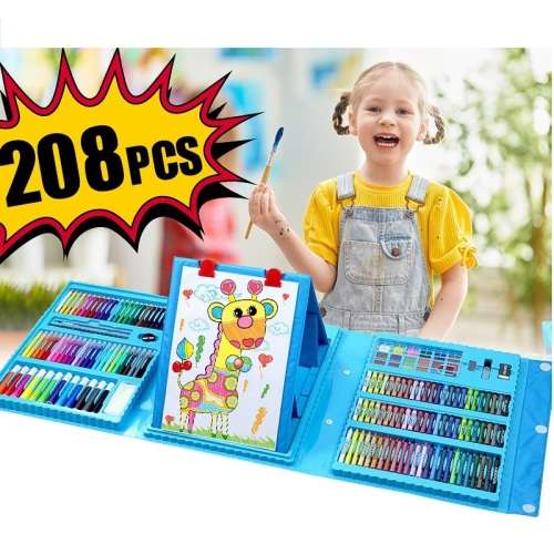 208 Piece Non-Toxic Plastic Case Kids Painting Drawing Art Set Coloring Book Stationery Set