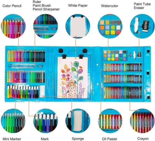 208 Piece Non-Toxic Plastic Case Kids Painting Drawing Art Set Coloring Book Stationery Set