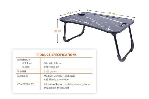 MARBLE BLACK WOOD Portable Laptop Table with Cup and Tablet Holder