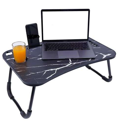 MARBLE BLACK WOOD Portable Laptop Table with Cup and Tablet Holder