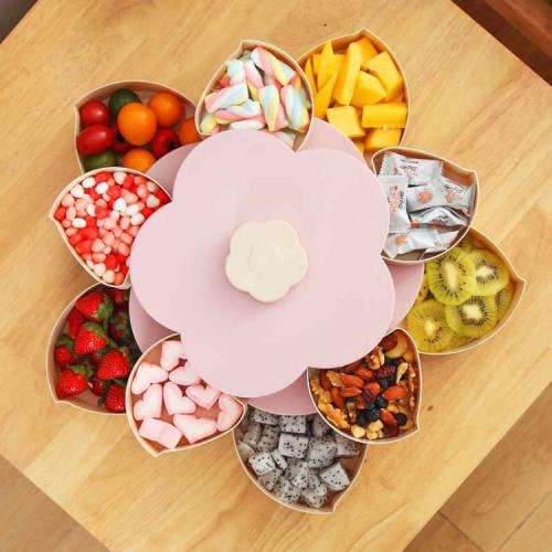 DOUBLE LAYER ROTATING SNACK BOX DRIED FRUIT PLATE ROTARY CANDY STORAGE PHONE HOLDER 10 COMPARTMENTS