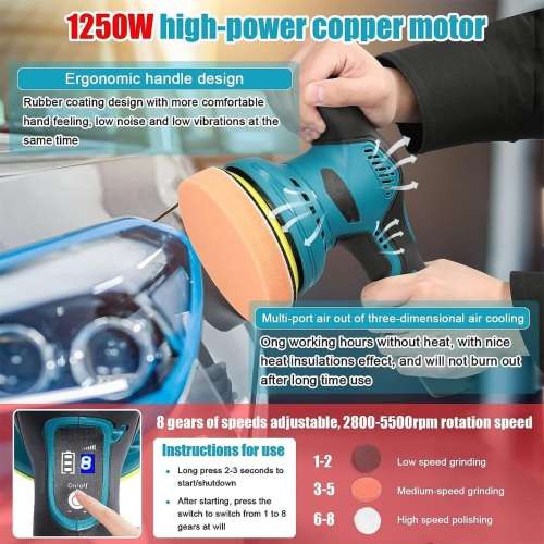 Cordless Eccentric Car Polishing Machine 8 Speed Levels Adjustable 1250W