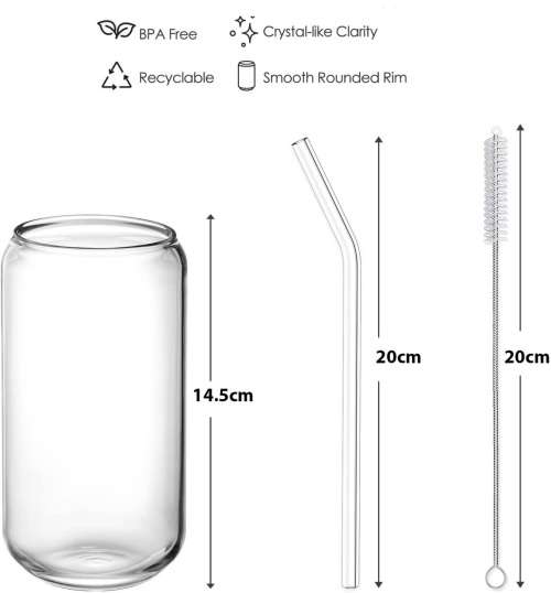 Cocktail Drinking Glasses with Bamboo Lid and Glass Straw - Set of 4 - 500ml
