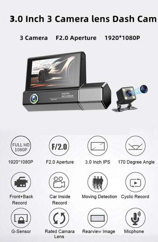 3 Channels Dash Cam 1080P FHD DVR Car Driving Recorder 3.0Inch IPS Screen