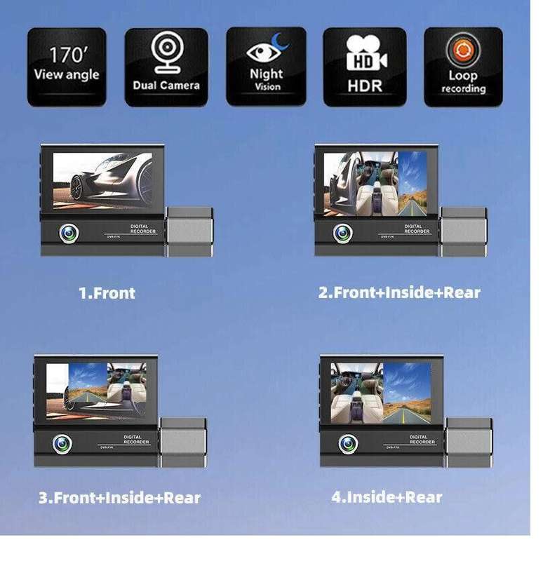 3 Channels Dash Cam 1080P FHD DVR Car Driving Recorder 3.0Inch IPS Screen