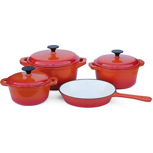 7 PIECE DUBBLE CAST IRON COOKWARE SETS, COLOURS AVAILABLE BLUE, RED OR ORANGE