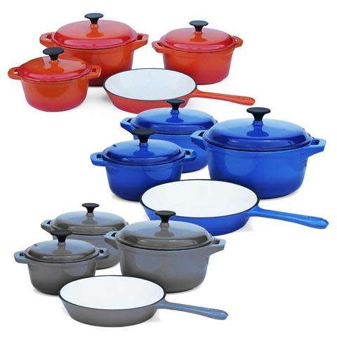 7 PIECE DUBBLE CAST IRON COOKWARE SETS, COLOURS AVAILABLE BLUE, RED OR ORANGE