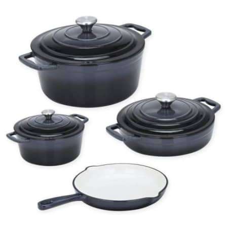 7 PIECE DUBBLE CAST IRON COOKWARE SETS, COLOURS AVAILABLE BLUE, RED OR ORANGE