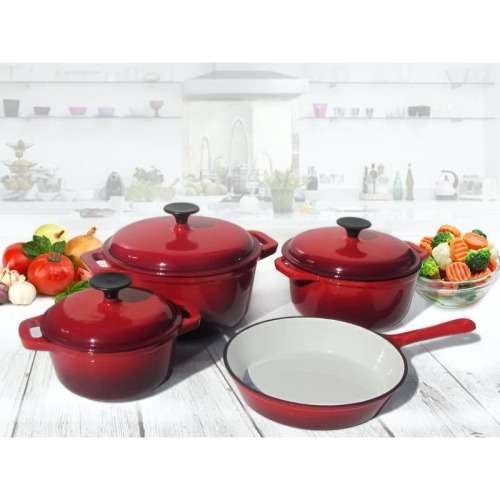 7 PIECE DUBBLE CAST IRON COOKWARE SETS, COLOURS AVAILABLE BLUE, RED OR ORANGE