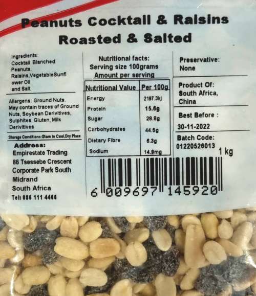 Peanuts and Raisins - Roasted and Salted 1kg