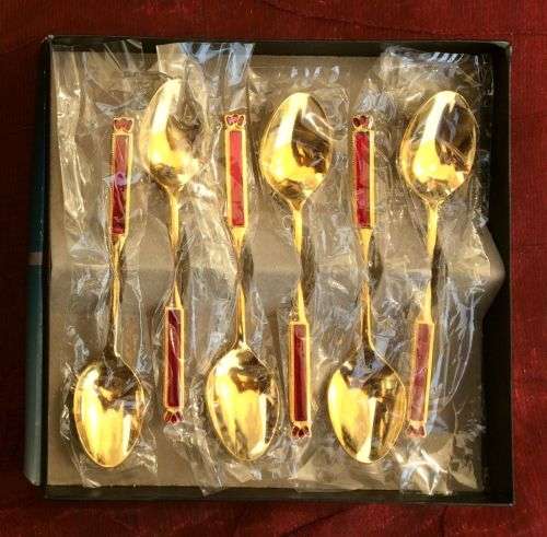 24 K Gold-plated 6 teaspoon set with red enamel detail
