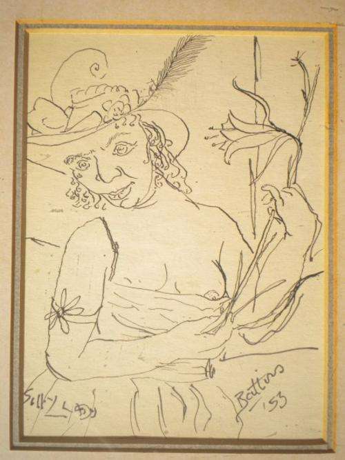 Original Walter Battiss ( 1906 - 1982 ) -Silly Lady- Ink Scetch on Paper  and is Frame