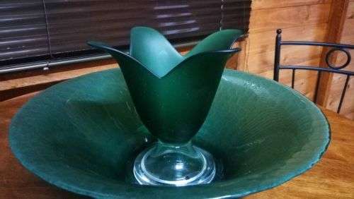 Big 34cm Frosted Emerald Green Table Bowl with Handmade Emerald Green Tulip Shaped Vase..