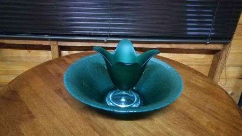 Big 34cm Frosted Emerald Green Table Bowl with Handmade Emerald Green Tulip Shaped Vase..