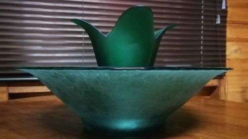 Big 34cm Frosted Emerald Green Table Bowl with Handmade Emerald Green Tulip Shaped Vase..