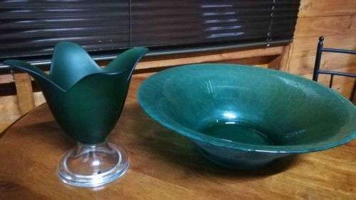 Big 34cm Frosted Emerald Green Table Bowl with Handmade Emerald Green Tulip Shaped Vase..