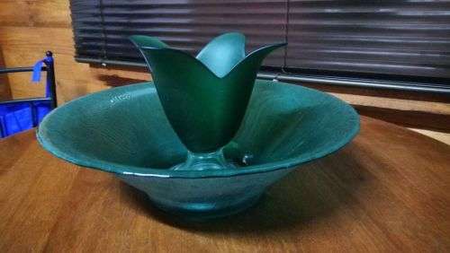 Big 34cm Frosted Emerald Green Table Bowl with Handmade Emerald Green Tulip Shaped Vase..