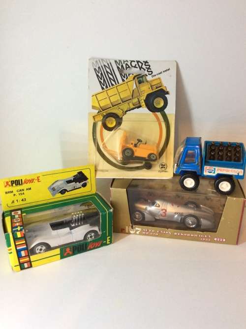LOT FOUR VINTAGE MODEL CARS - PEPSI BUDDY L - SEALED MINI MACK - ITALIAN POLLY TOY - BRUM  RACER -