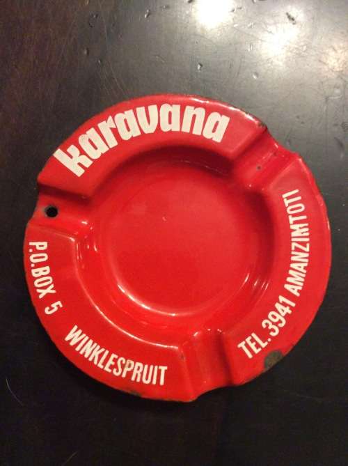 VERY OLD ENAMEL ASHTRAY - KARAVANA AMANZIMTOTI - GREAT FIND -