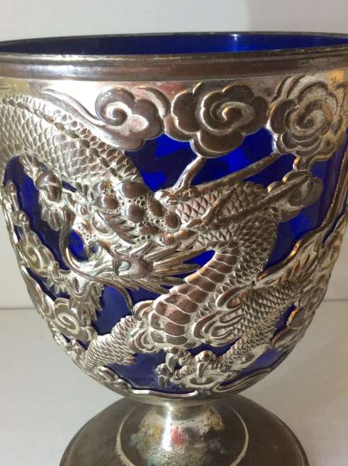 LARGE JAPANESE GOBLET - CLEAR MAKERS MARK - WHITE METAL WITH BAKERLITE/PLASTIC INNER - GREAT -