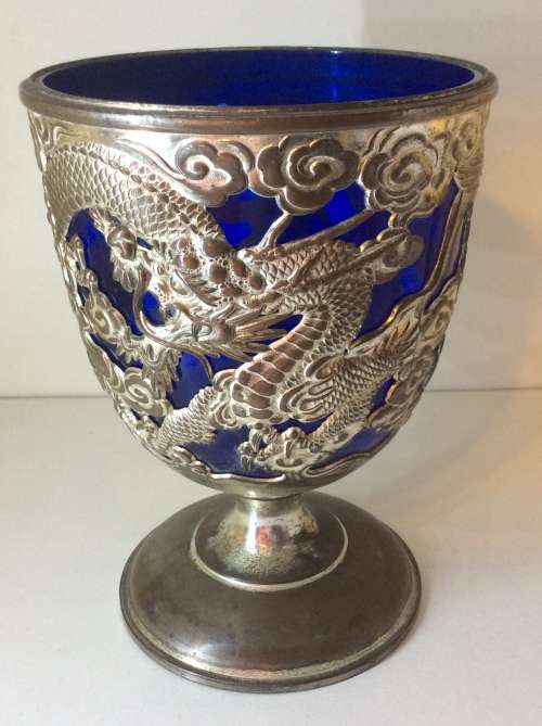 LARGE JAPANESE GOBLET - CLEAR MAKERS MARK - WHITE METAL WITH BAKERLITE/PLASTIC INNER - GREAT -