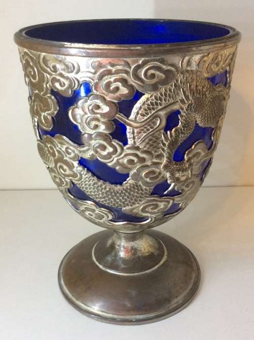 LARGE JAPANESE GOBLET - CLEAR MAKERS MARK - WHITE METAL WITH BAKERLITE/PLASTIC INNER - GREAT -