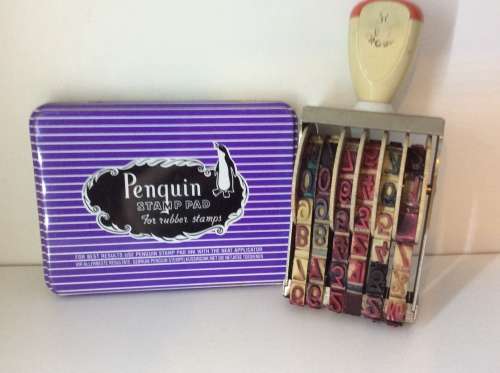 VINTAGE LARGE RUBBER STAMP WITH OLD SCHOOL INK PAD