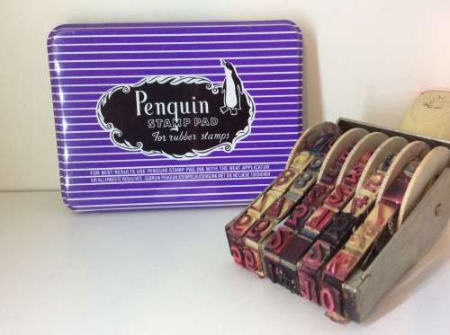 VINTAGE LARGE RUBBER STAMP WITH OLD SCHOOL INK PAD