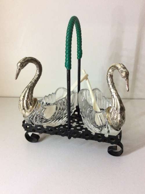 OLD JAPANESE MADE SET OF SALT AND PEPPER SWAN BOWLS WITH SPOONS