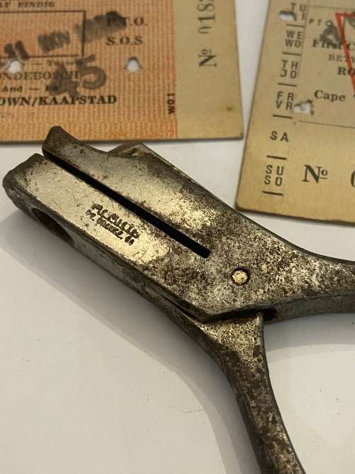OLD TRAIN CONDUCTOR TICKET PUNCH WITH SOME OLD TICKETS 1960s