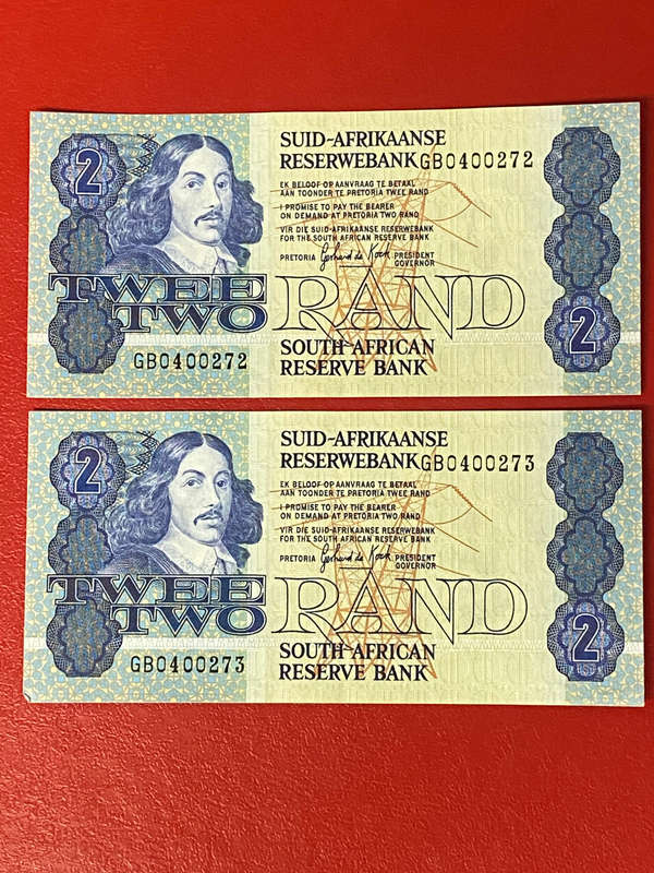 2x SEQUENCE NUMBERED G DE KOCK R2 NOTES UNCIRCULATED